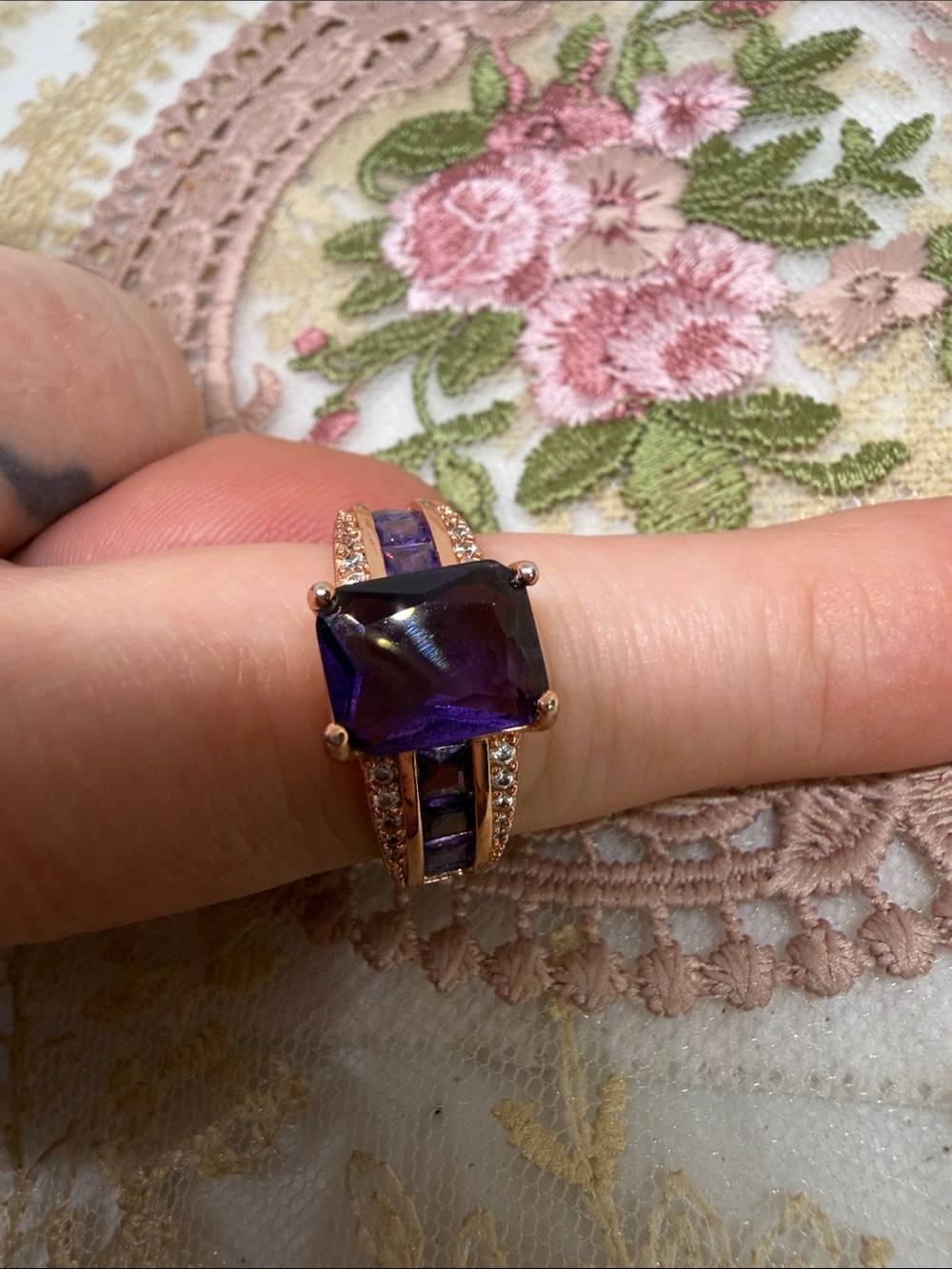 Custom Estate Amethyst Ring 18K Gold Over Sterling Silver | White Topaz Accents - Picture 3 of 10